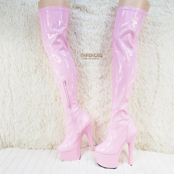 Sexy Thigh High Platform Boots Baby Pink Hologram - Picture 3 of 9